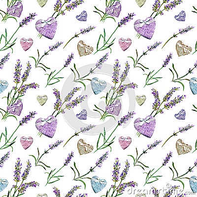 Lavender flowers, hearts. Seamless pattern. Watercolor Stock Photo