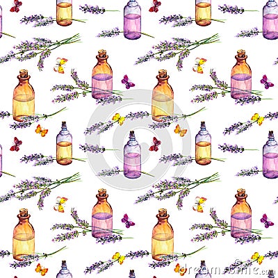 Lavender flowers, oil perfume bottles, butterflies. Repeating pattern for cosmetic, perfume, beauty design. Vintage Stock Photo