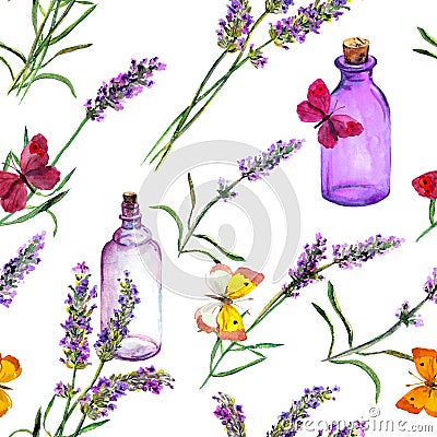 Lavender flowers, oil perfume bottles, butterflies. Repeating pattern for cosmetic, perfume, beauty design. Vintage Stock Photo