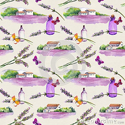 Lavender flowers, oil perfume bottles, butterflies with rural houses and lavender fields. Repeating pattern for cosmetic Stock Photo