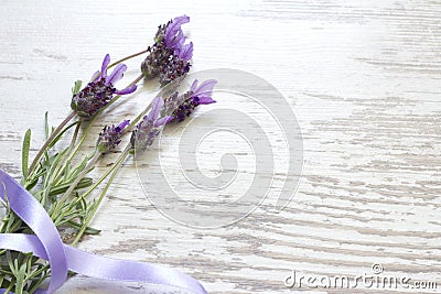 Lavender flowers on vintage wooden boards background Stock Photo