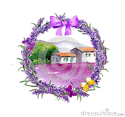 Lavender flowers wreath, farm with rustic house, violet floral field in Provence, France. Watercolor with butterflies Stock Photo