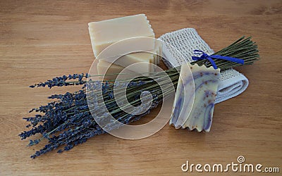 Lavender and Four Bars of Goats Milk Soap Stock Photo