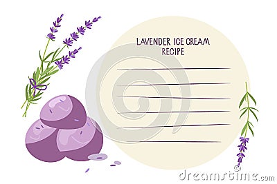 Lavender ice cream Recipe. Homemade Ice creme, lavender plant, template for recipe. Recipe card template with copy space Vector Illustration