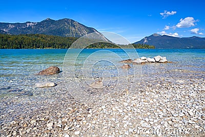 Lavender lake Walchensee in Bavarian Alps Stock Photo