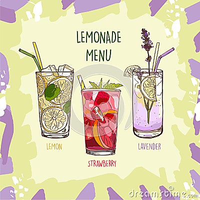 Lavender, Lemon, Strawberry Lemonade set in glass cup with drinking straw. Refreshing summer drink vector clip art illustration, Cartoon Illustration