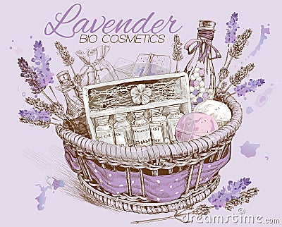 Lavender natural cosmetics basket. Vector Illustration