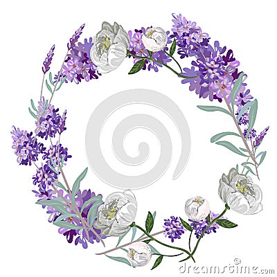 Lavender and peony round frame vector template Vector Illustration