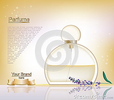 Lavender Perfume bottle Cosmetic ads template, droplet bottle mock up on dazzling blue background. Place for Vector Illustration