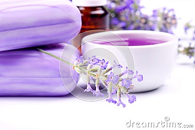 Lavender plant with soap and herbal extract Stock Photo