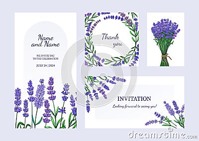 Lavender posters. Greeting card and invitation with bouquets of odorous garden flowers. Purple blooming plants. Celebration Vector Illustration