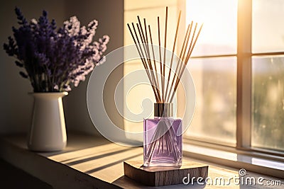 Lavender reed diffuser in pastel purple bottle on wooden sunny windowsill. Home made spa, skincare and cosmetology concept Stock Photo