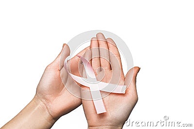 Lavender ribbon in hands, symbol all cancer, pink color breast c Stock Photo