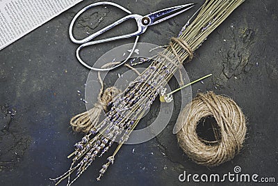 Lavender, rustic twine and pruning shears Stock Photo