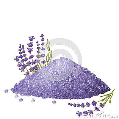Lavender sea salt pile with flowers leaves. Aromatherapy, spa, bath. Purple, lilac, violet. Hand draw watercolor Cartoon Illustration