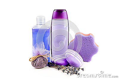 Lavender shampoo and soap isolated on white Stock Photo