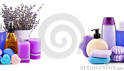 Lavender shampoo, soap and scented candles isolated on white. Collage. Free space for text. Wide photo Stock Photo