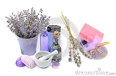 Lavender shampoo, soap and scented candles isolated on white . Collage Stock Photo