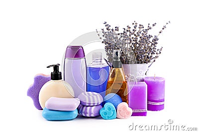 Lavender shampoo, soap and scented candles isolated on white Stock Photo