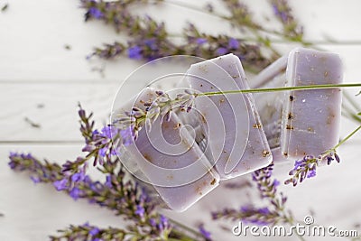 Lavender soap. purple soap bars and branches.lavender scent.Beauty and aromatherapy. Stock Photo