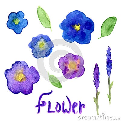 Lavender and viola watercolor collection. Violet flowers set. Vector hand drawn illustration for invitation Vector Illustration