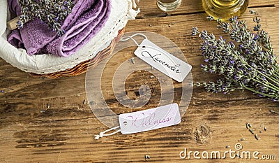 Lavender wellness and spa still life with labels, lavender flowers and body-care products Stock Photo