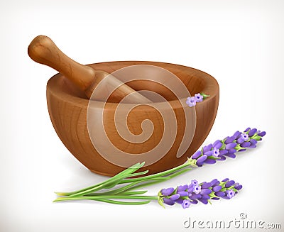 Lavender and wooden mortar Vector Illustration