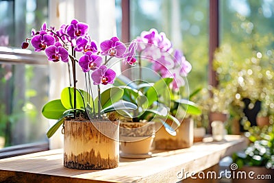 Lavish lilac blooms of the tropical phalaenopsis orchid enrich the indoor setting Stock Photo