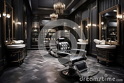 A lavish salon adorned in black and gold featuring a stunning chandelier, luxury mens hairdressers shop, AI Generated Stock Photo