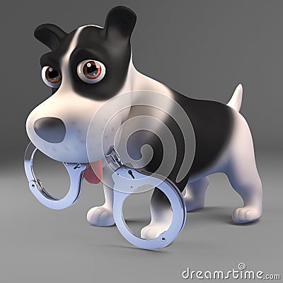 Law abiding black and white puppy dog has a pair of handcuffs, 3d illustration Cartoon Illustration