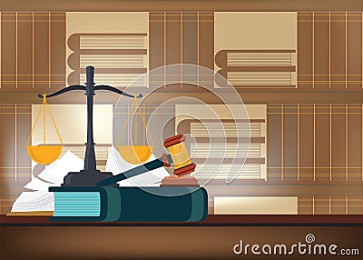 Law books with a judge`s gavel on a table and book shelves on ba Vector Illustration