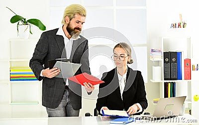 Law consultation. Subordination and teamwork. Business report. Successful business. Man and woman boss manager director Stock Photo