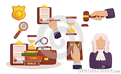 Law Elements Set. Essential Tools For Legal Professionals, Including Gavel, Scales Of Justice, Law Books, And Documents Vector Illustration