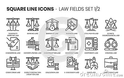Law fields related, square line vector icon set Stock Photo