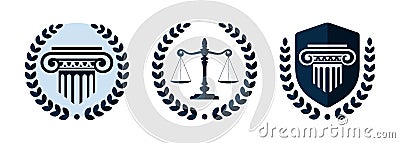 Law firm vector logo set. Law office logotypes with a pillars and scale of justice. Symbols of legal centers or law advocates Vector Illustration