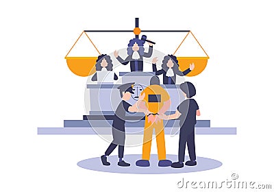 Law and Justice Concept with Characters and Judicial Elements, prisoner, Gavel, and Lawyer. Vector flat elements of judgment and Vector Illustration