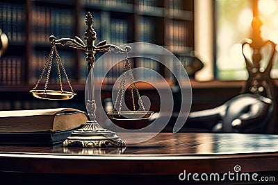 Law and Justice concept. Mallet of the judge, books and scales of justice. A closeup of a wooden lawyer table with a judge, AI Stock Photo