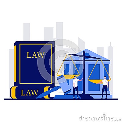 Law and justice concept with tiny character. Human rights flat vector illustration. Weights and lawyer hammer symbol. Legal Cartoon Illustration