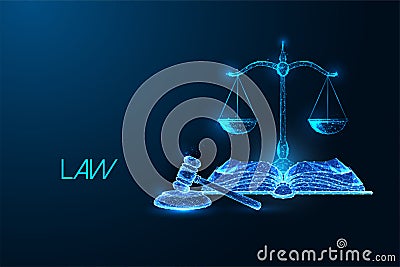 Law, Justice, court decision concept with scales, gavel and open book in futuristic style on blue Vector Illustration