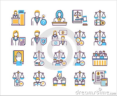 Law and justice line color icons set. Type of court. Judiciary concept. Vector Illustration