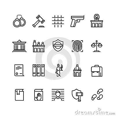 Law and justice line icons. Court, judge and lawyer. Criminal police vector online symbols Vector Illustration