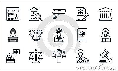 law and justice line icons. linear set. quality vector line set such as gavel, justice, lawyer, lawyer, law, prisoner, law book, Vector Illustration