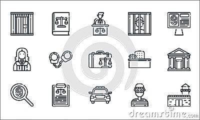 law and justice line icons. linear set. quality vector line set such as prison, police car, fingerprint, thief, clipboard, judge, Vector Illustration