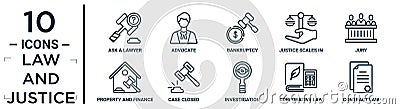 law.and.justice linear icon set. includes thin line ask a lawyer, bankruptcy, jury, case closed, corporative law, contract law, Vector Illustration