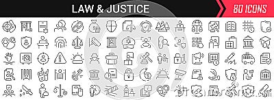 Law and justice linear icons in black. Big UI icons collection in a flat design. Thin outline signs pack. Big set of icons for Vector Illustration