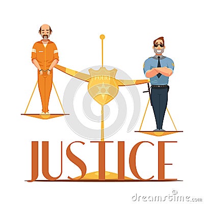 Law Justice Retro Cartoon Composition Poster Vector Illustration