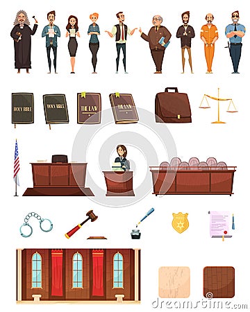Law Justice Retro Cartoon Icons Set Vector Illustration