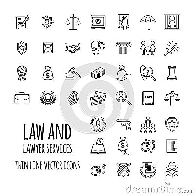 Law and lawyer services icons set for web design, mobile app, graphic design Vector Illustration