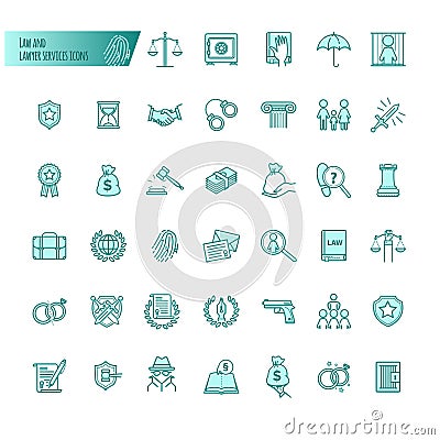 Law and lawyer services vector icons set for web design, mobile app, graphic design Vector Illustration