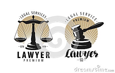 Law office, attorney, lawyer logo or label. Scales of justice, gavel symbol. Vector illustration Vector Illustration